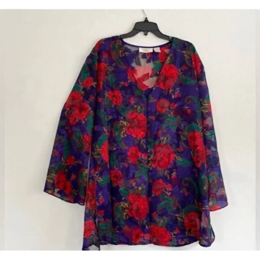 Vintage Gold Label Victoria Secret Small Satin Sheer Pajama Floral Button‎ Top